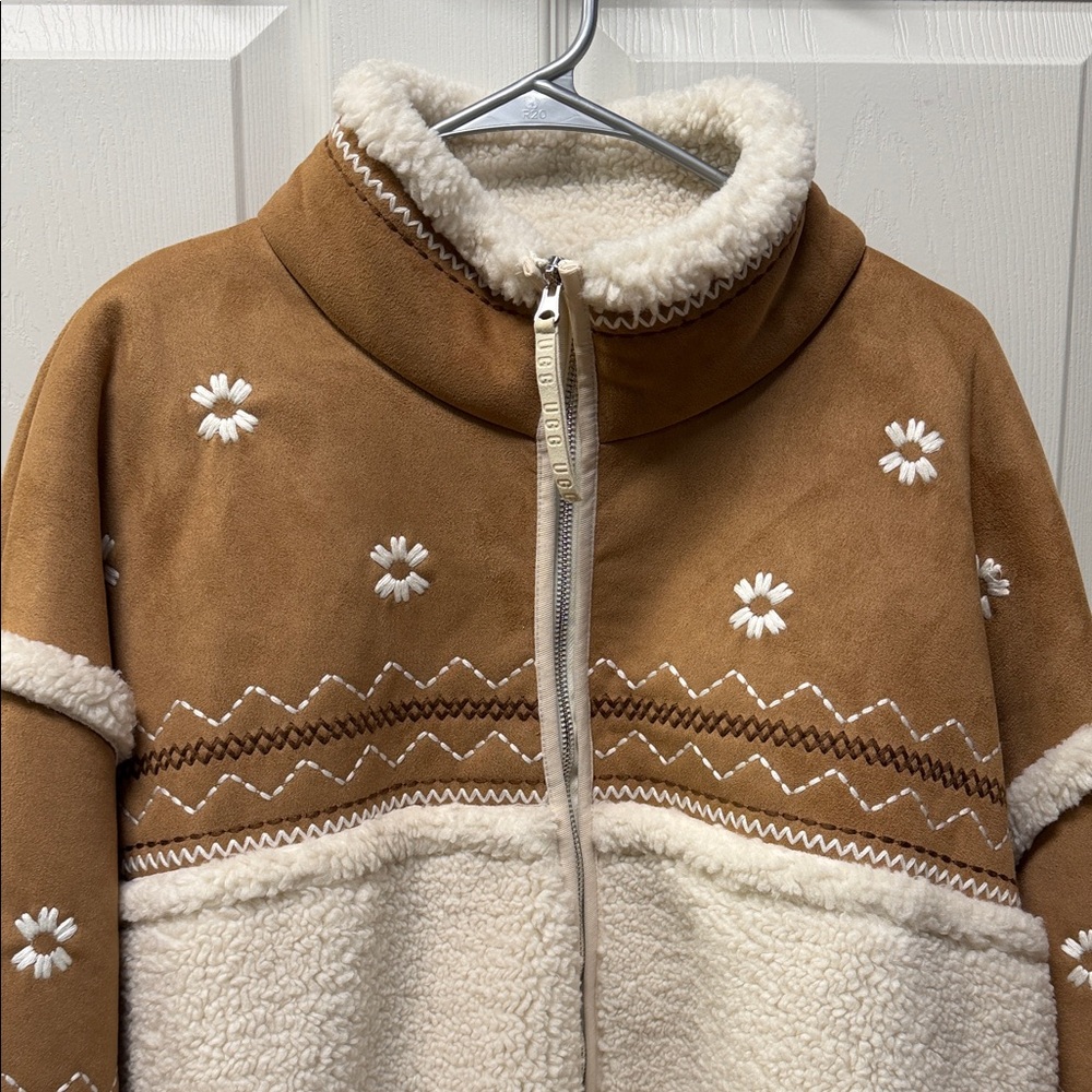 Ugg Brown and Cream Fleece Jacket with Floral Embroidery XL - Picture 5 of 9